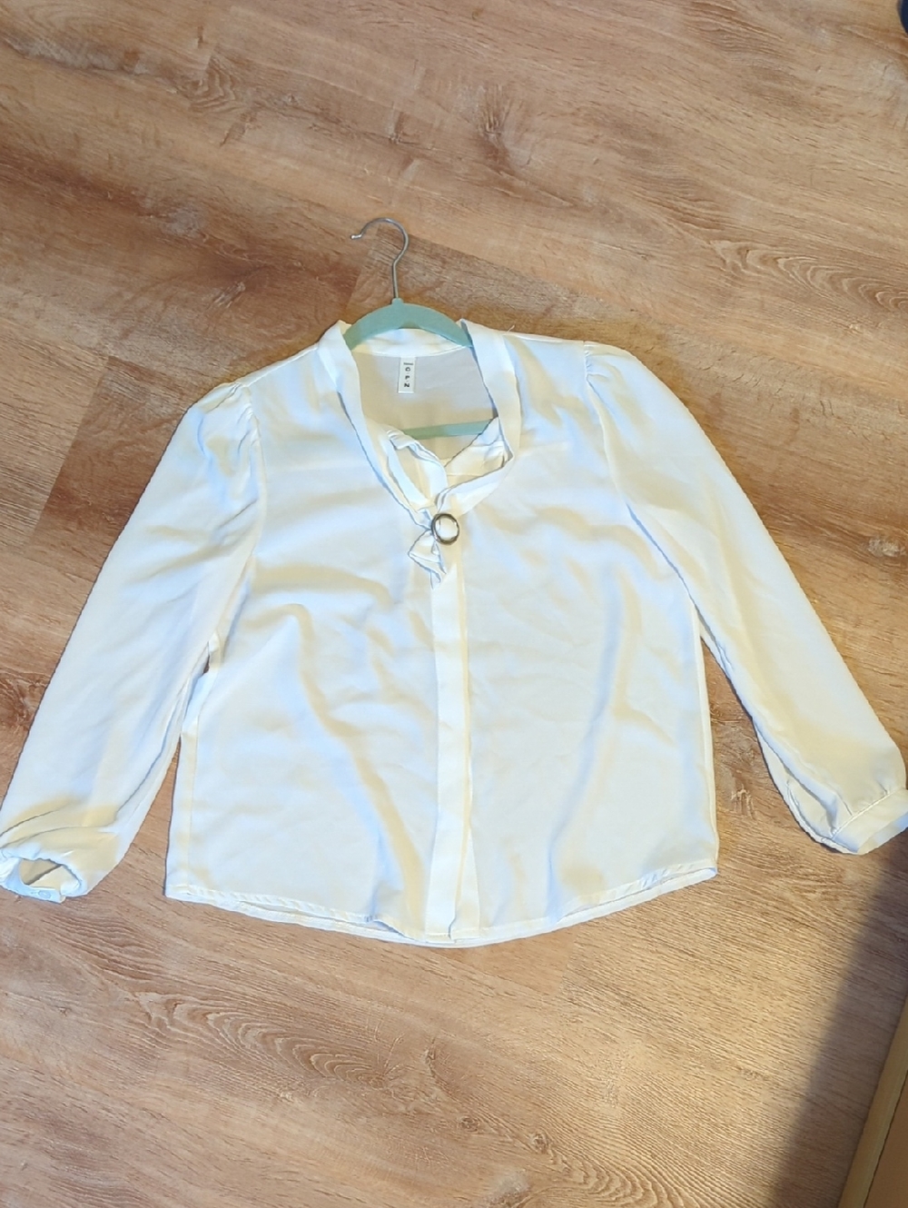 Cream/White Long-Sleeve Blouse with Neck Tie